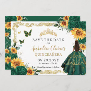 Reserva La Fecha Esmeralda Verde girasol Floral Oro Quinceañera