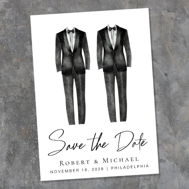 Reserva La Fecha Esmoquin acuarela para boda gay elegante (An elegant Save the Date announcement to set the tone for an unforgettable event)