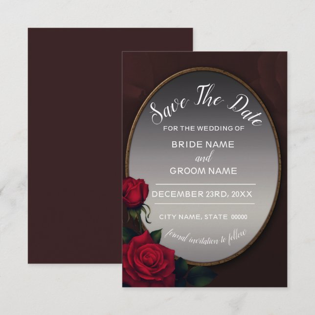Reserva La Fecha Espejo Floral Rubor Rojo Gris Plateado (Anverso / Reverso)