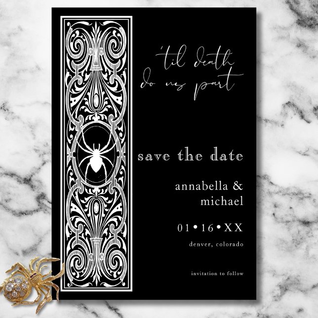 Reserva La Fecha Espeluznante gótica Boda blanco negro (Gothic Spooky Spider Black White Wedding Save The Date)