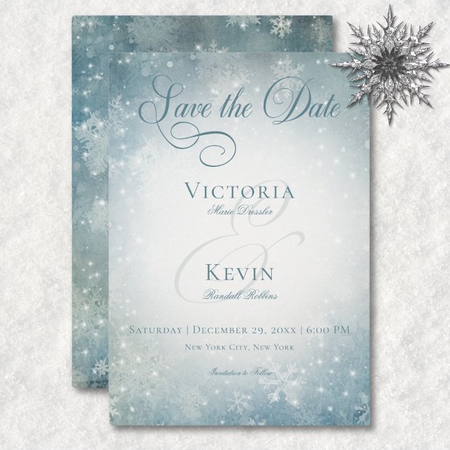 Reserva La Fecha Espuma azul y blanca de nievas que caen románticam (Romantic Falling Snow Blue & White Sparkle Save The Date)