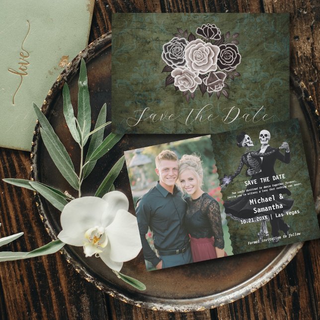 Reserva La Fecha Esqueletos Góticos Flores Foto Elegante Boda (Subido por el creador)