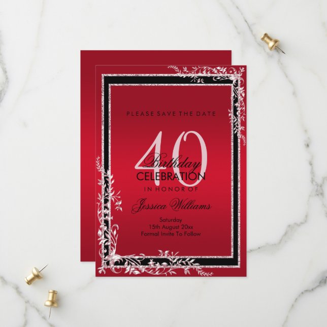 Reserva La Fecha Esquinas Decorativas Cumpleaños Ruby & Negro (Anverso/Reverso In Situ)