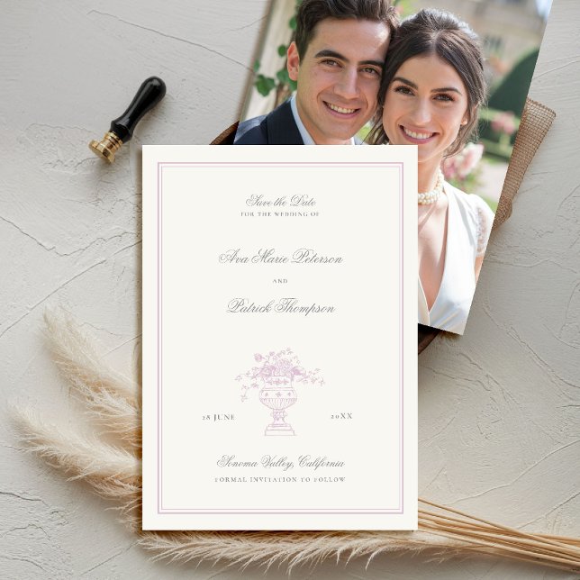 Reserva La Fecha Estate Floral Elegant Lavender Frame Boda de fotog (elegant wedding save the date photo template chateau estate garden destination lavender pink)
