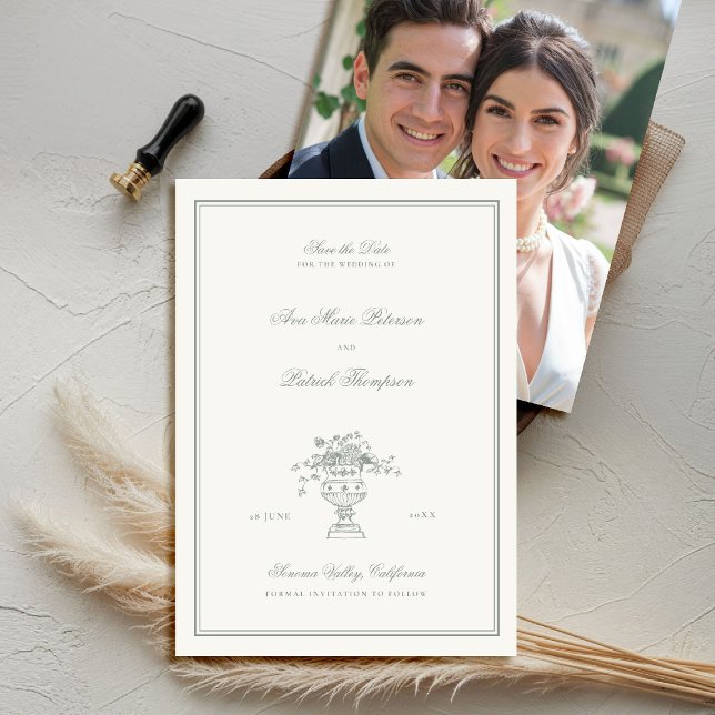 Reserva La Fecha Estate Floral Sage Green Frame Photo Boda (elegant wedding save the date photo template chateau estate garden destination sage green)