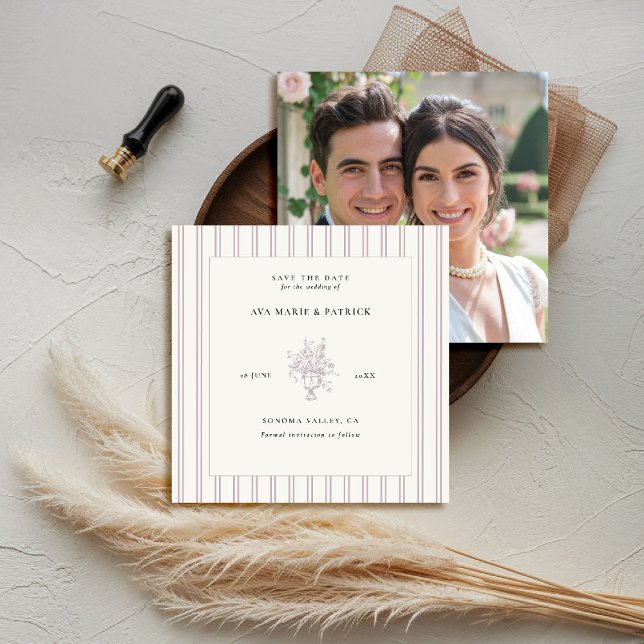 Reserva La Fecha Estate Lavender Stripes Floral Vase Photo Boda (elegant wedding save the date photo template chateau estate garden destination lavender stripes)