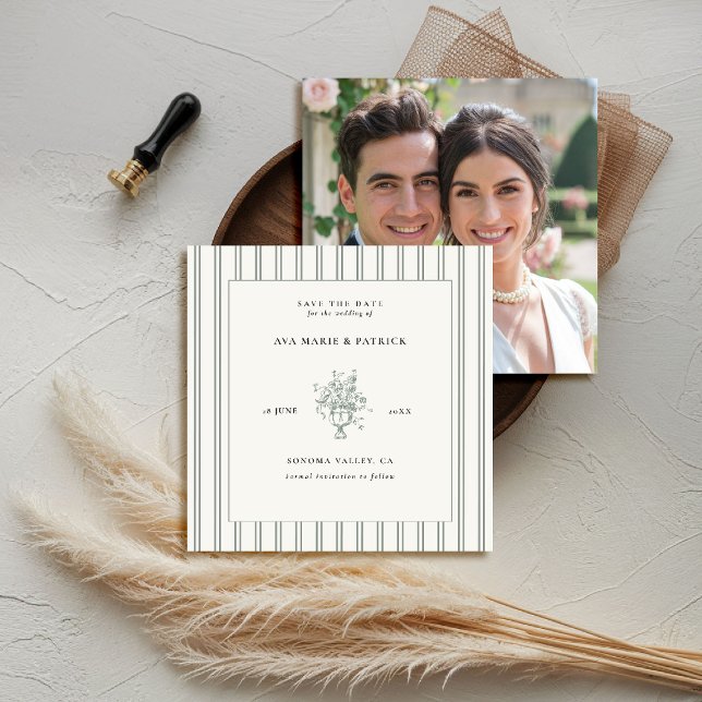 Reserva La Fecha Estate Sage Green Stripe Floral Vase Photo Boda (elegant wedding save the date photo template chateau estate garden destination sage green stripes)
