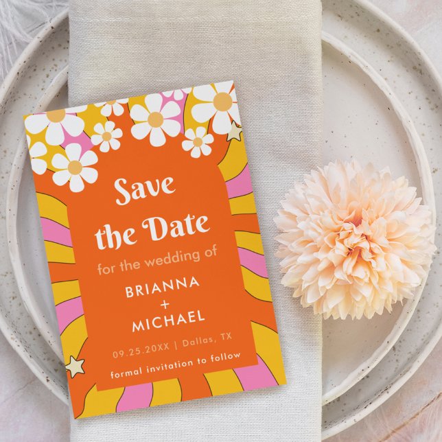 Reserva La Fecha Estilo Hippie Retro Daisy y Arco Naranja Groovy añ (Subido por el creador)