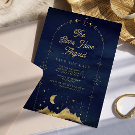 Reserva La Fecha Estrellas Celestes Azul Oro Luna Creciente Boda