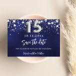 Reserva La Fecha Estrellas de plata azul de la marina Quinceanera<br><div class="desc">Un moderno y elegante Salven la Fecha para una Quinceañera, 15 cumpleaños. Un fondo azul marino decorado con estrellas de imitación plateadas. Personalice y agregue una fecha y un nombre. El color azul es desigual. El texto: Save the Date se escribe con un gran guión de estilo escrito a mano....</div>