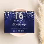 Reserva La Fecha Estrellas de plata azul marino Sweet 16<br><div class="desc">Un moderno y elegante Salven la Fecha para una dulce parte de 16, 16 años. Un fondo azul marino decorado con estrellas de imitación plateadas. Personalice y agregue una fecha y un nombre. El color azul es desigual. El texto: Save the Date se escribe con un gran guión de estilo...</div>