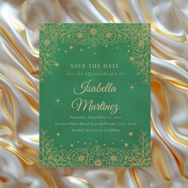 Reserva La Fecha Estrellas florales de oro verde esmeralda Quinceañ (Emerald green and gold Quinceañera Save the Date card)