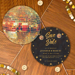Reserva La Fecha Estrellas Retro Bola de Discoteca Brillo Oro Negro