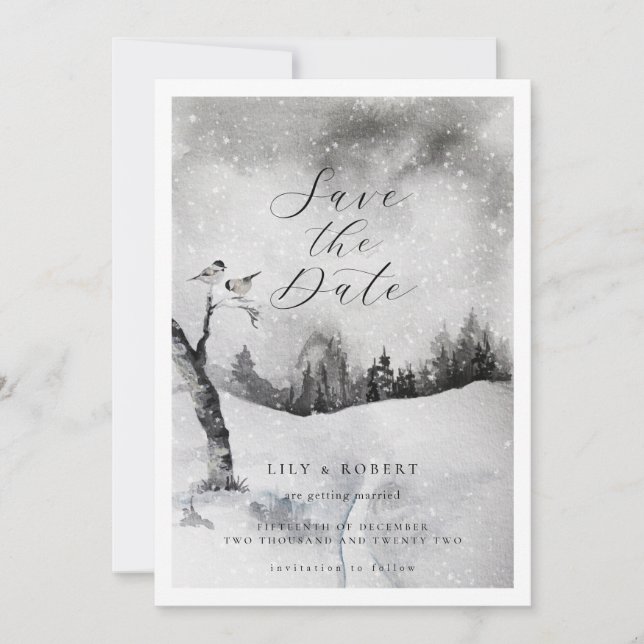 Reserva La Fecha Ethereal Snowy Forest Winter Wedding (Anverso)