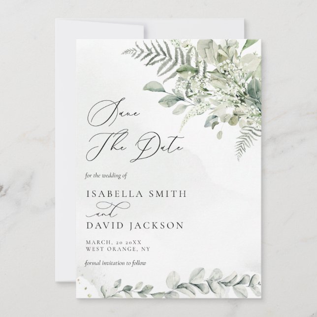 Reserva La Fecha Eucalipto en acuarela follaje verde salvia verde d (Anverso)