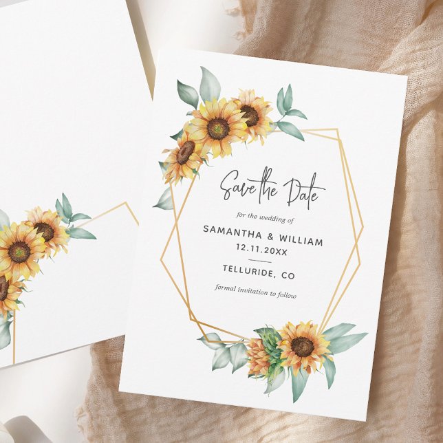 Reserva La Fecha Eucalipto floral de girasol geométrico (Sunflower Floral Eucalyptus Geometric Save The Date)