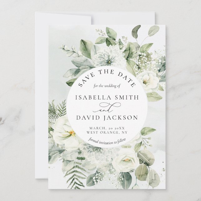 Reserva La Fecha Eucalipto Follaje Verde Salvia Verde Floral Blanco (Anverso)