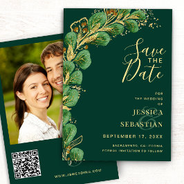 Reserva La Fecha Eucalipto verde esmeralda y oro elegante