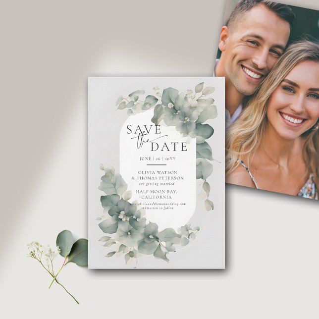 Reserva La Fecha Eucalipto Verdor Soñador Elegante Foto Boda (eucalyptus wedding save the date photo watercolor dreamy modern elegant classic)