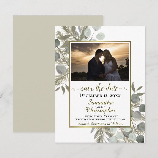 Reserva La Fecha Eucalipto y Pino Rústico con Boda Blanco Foto (Anverso / Reverso)