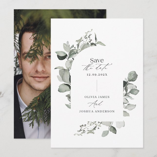 Reserva La Fecha Eucalyptus boda botánico elegante foto simple (Anverso / Reverso)