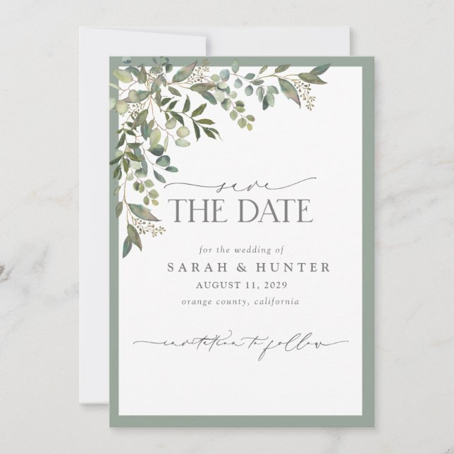 Reserva La Fecha Eucalyptus Boda de caligrafía de vegetación botáni (Anverso)