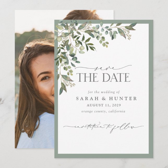 Reserva La Fecha Eucalyptus Boda de fotografía con guión de vegetac (Anverso / Reverso)