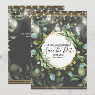 Reserva La Fecha Eucalyptus country string luces de oro gris