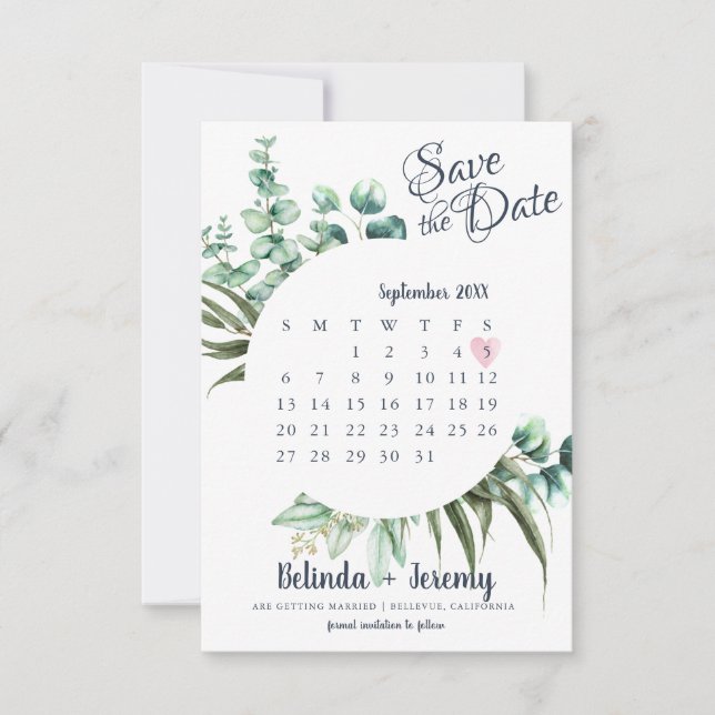 Reserva La Fecha Eucalyptus De Verdor Rústico Guardar El Calendario (Anverso)
