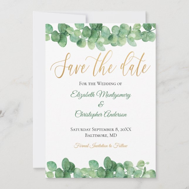 Reserva La Fecha Eucalyptus deja oro verde trendy elegante (Anverso)