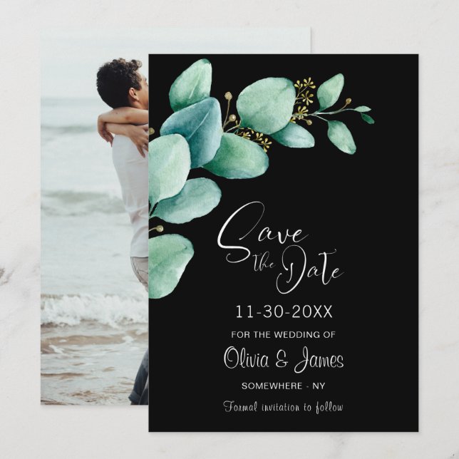 Reserva La Fecha Eucalyptus deja una foto Personalizado Boda negro (Anverso / Reverso)