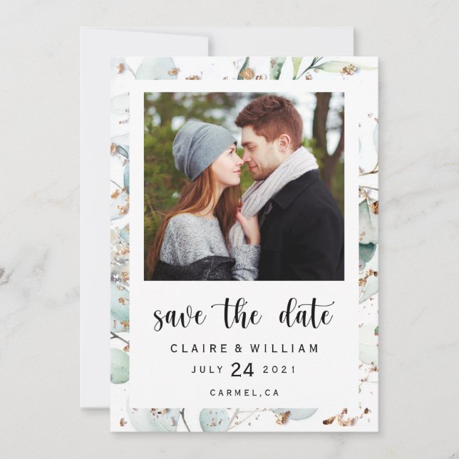 Reserva La Fecha Eucalyptus Gold Greenery Photo Save the Date Card (Anverso)