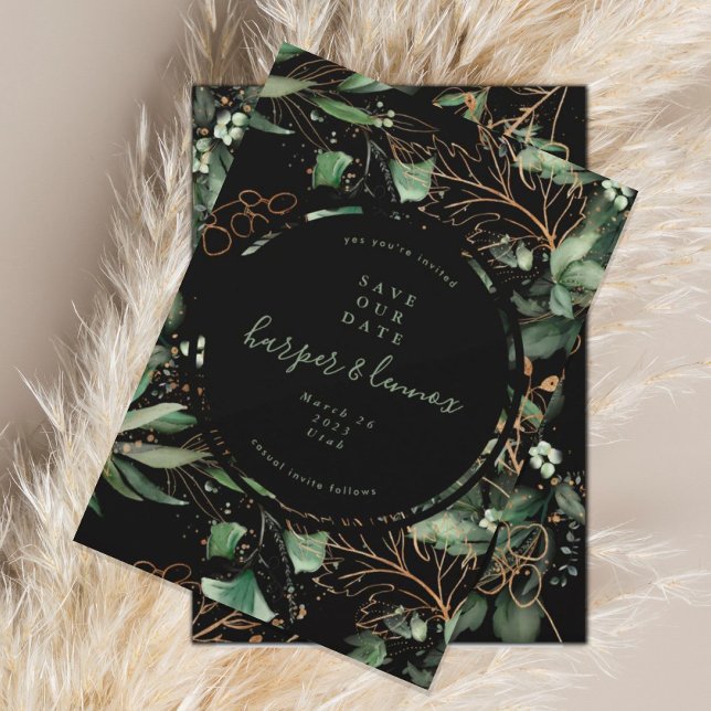 Reserva La Fecha Eucalyptus Golden Boho Elegante Onyx Pampas Negro (Subido por el creador)