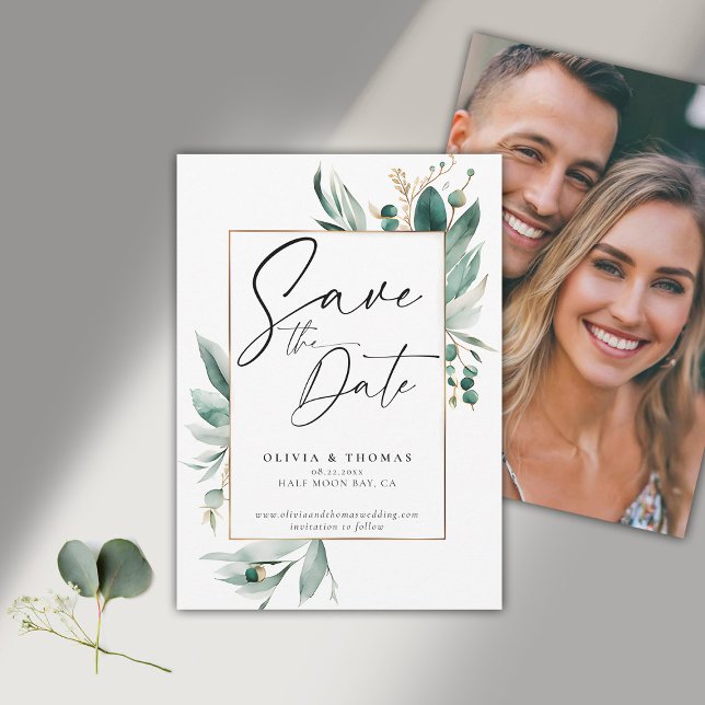 Reserva La Fecha Eucalyptus Greenery Frame Moderno Boda de fotograf (modern simple wedding save the date typography calligraphy eucalyptus greenery emerald green frame)