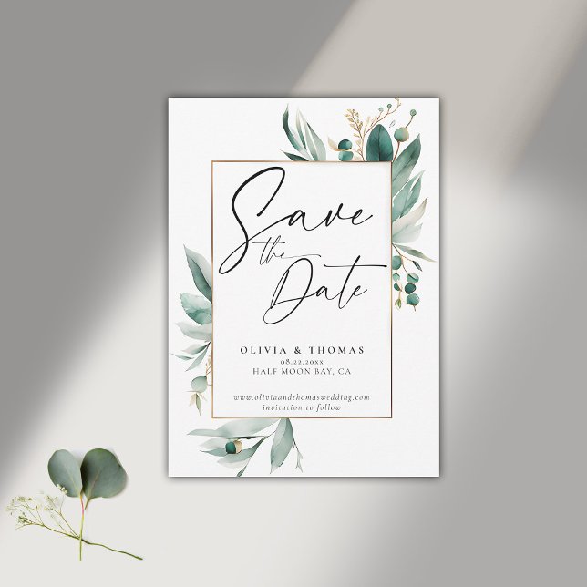 Reserva La Fecha Eucalyptus Greenery Frame Moderno Romance Boda (modern simple wedding save the date typography calligraphy eucalyptus greenery emerald green frame)