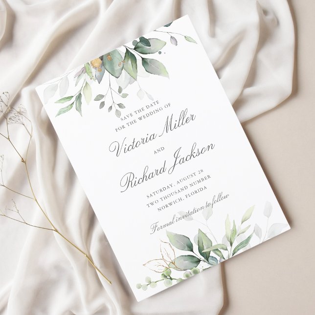 Reserva La Fecha Eucalyptus Greenery Gold deja una elegante boda (Subido por el creador)