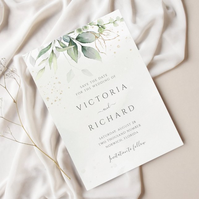 Reserva La Fecha Eucalyptus Greenery Gold deja una elegante boda (Subido por el creador)