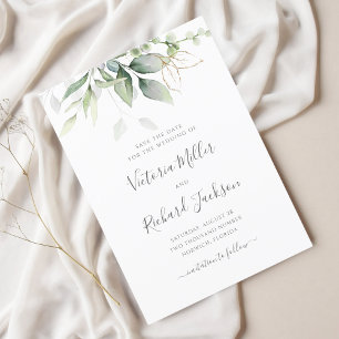 Reserva La Fecha Eucalyptus Greenery Gold deja una elegante boda
