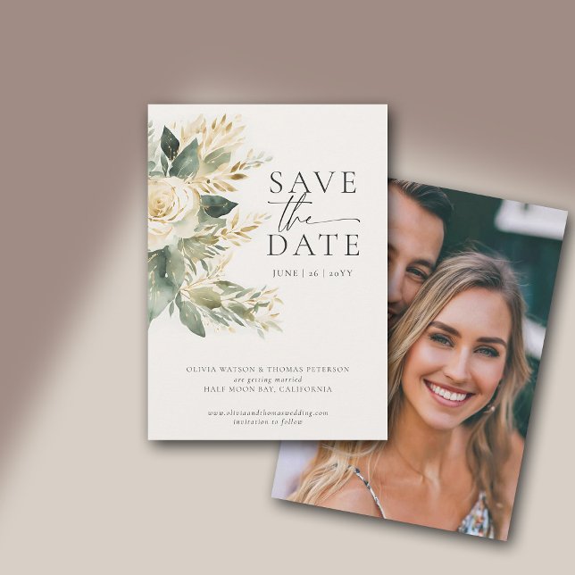 Reserva La Fecha Eucalyptus Greenery Gold Elegante Boda Verde (eucalyptus wedding photo save the date white green gold watercolor modern classic elegant chic class)