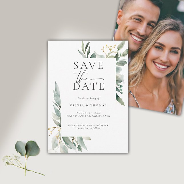 Reserva La Fecha Eucalyptus Greenery Gold Modern Elegant Wedding (modern simple wedding save the date typography calligraphy eucalyptus greenery elegant frame)