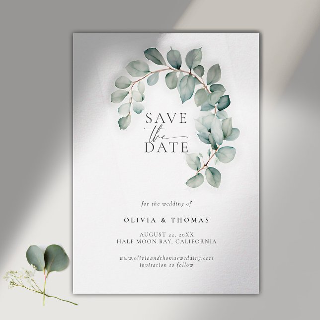 Reserva La Fecha Eucalyptus Greenery Modern Wreath Elegant Wedding (modern simple wedding save the date typography calligraphy eucalyptus whimsical wreath)