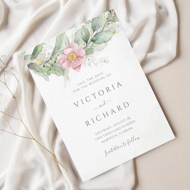 Reserva La Fecha Eucalyptus Greenery Pink Floral Elegante Boda (Subido por el creador)