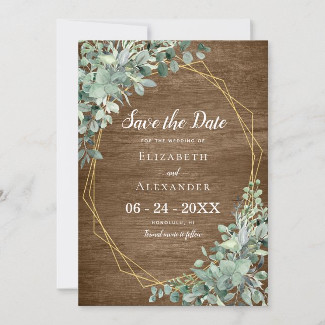 Reserva La Fecha Eucalyptus Greenery Rustic Wood Boda Geométrico (Anverso)