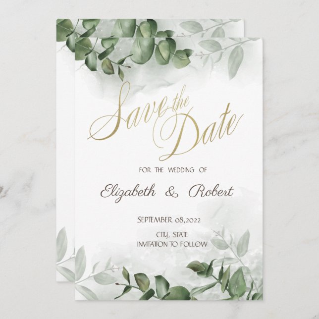 Reserva La Fecha Eucalyptus Greenery Save the Date (Anverso / Reverso)