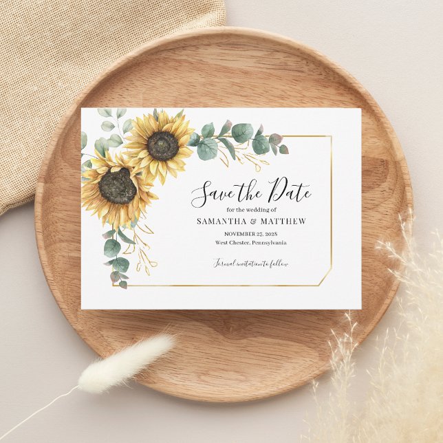 Reserva La Fecha Eucalyptus moderno Floral de girasol geométrica (Sunflower Floral Eucalyptus Wedding Save the Date Morgana Script)
