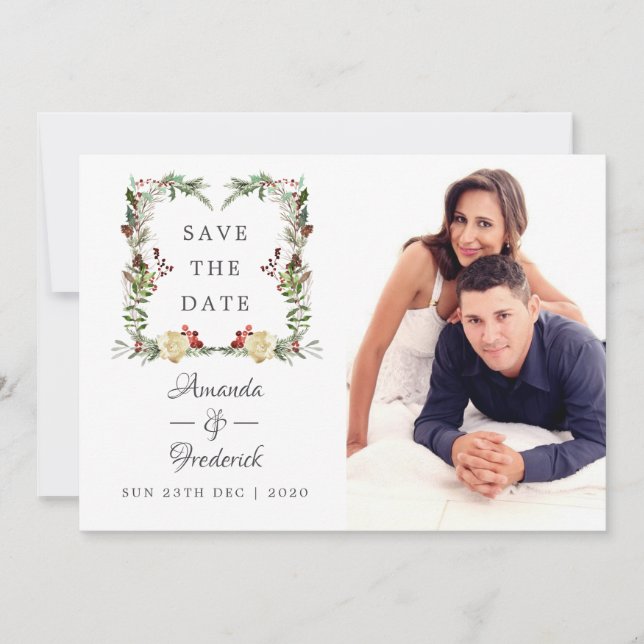 Reserva La Fecha Evergreen - Boda de Navidad en el bosque de Winter (Anverso)