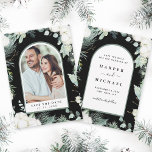 Reserva La Fecha Evergreen & Cotton Flowers Arch Photo Black<br><div class="desc">This save the date flat card features hand-painted winter greenery,  cotton flowers accomplished with golden and watercolor textures,  and a detailed save the date message on the back.</div>