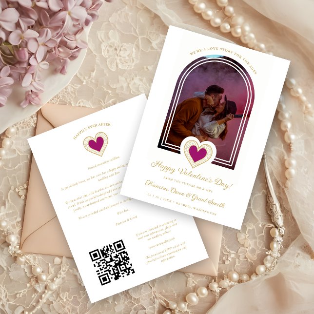 Reserva La Fecha Exquisite Arch Romantic Luxury Lace Hot Pink Heart (Exquisite Arch Effect Romantic Luxury Lace Hot Pink Heart Photo Valentine's Day Card.)