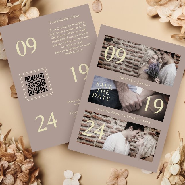 Reserva La Fecha Exquisite Brown Gold Trend Modern 3 Wedding Photos (Exquisite Brown & Faux Gold Trendy Modern 3 Wedding Photos Collage Save the Date with Envelope. )