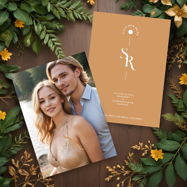 Reserva La Fecha Exquisite Chic Minimalist Golden Wedding Initials (Exquisite Chic Minimalist Golden Effect Wedding Initials Photo Save the Date Card with Envelope.)